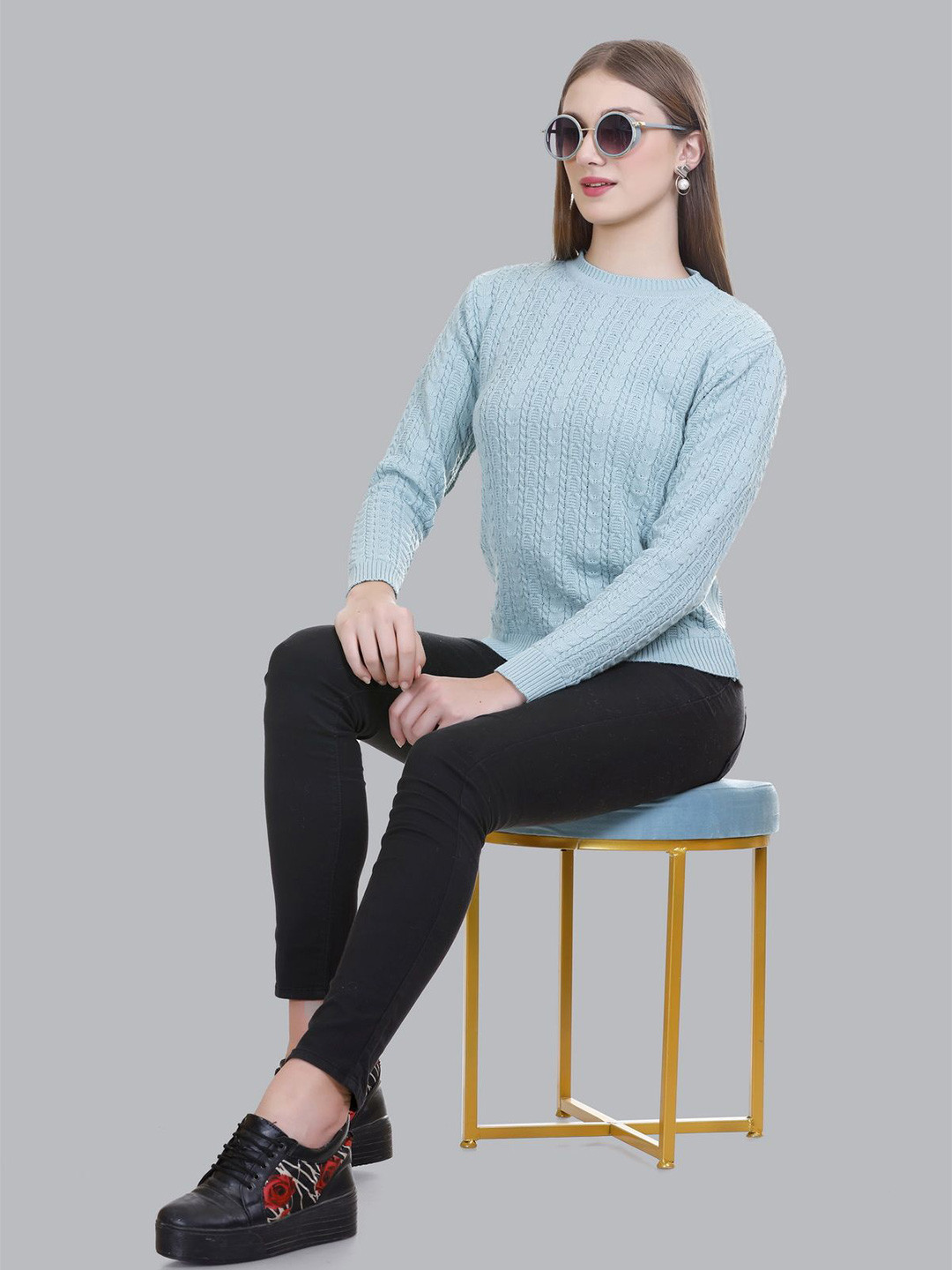 

Melvin Women Round Neck Long Sleeves Woollen Pullover, Blue