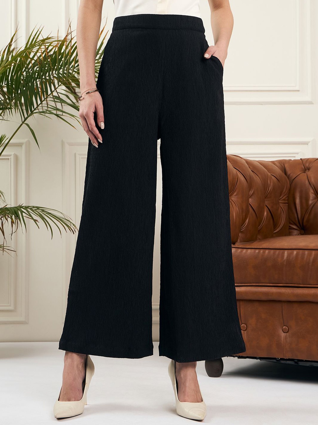 

Noi Women Textured Mid-Rise Relaxed Flared Formal Trousers, Black