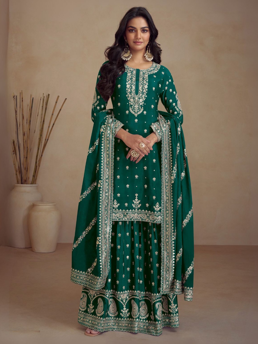 

ODETTE Floral Embroidered Straight Kurta with Sharara & Dupatta, Green