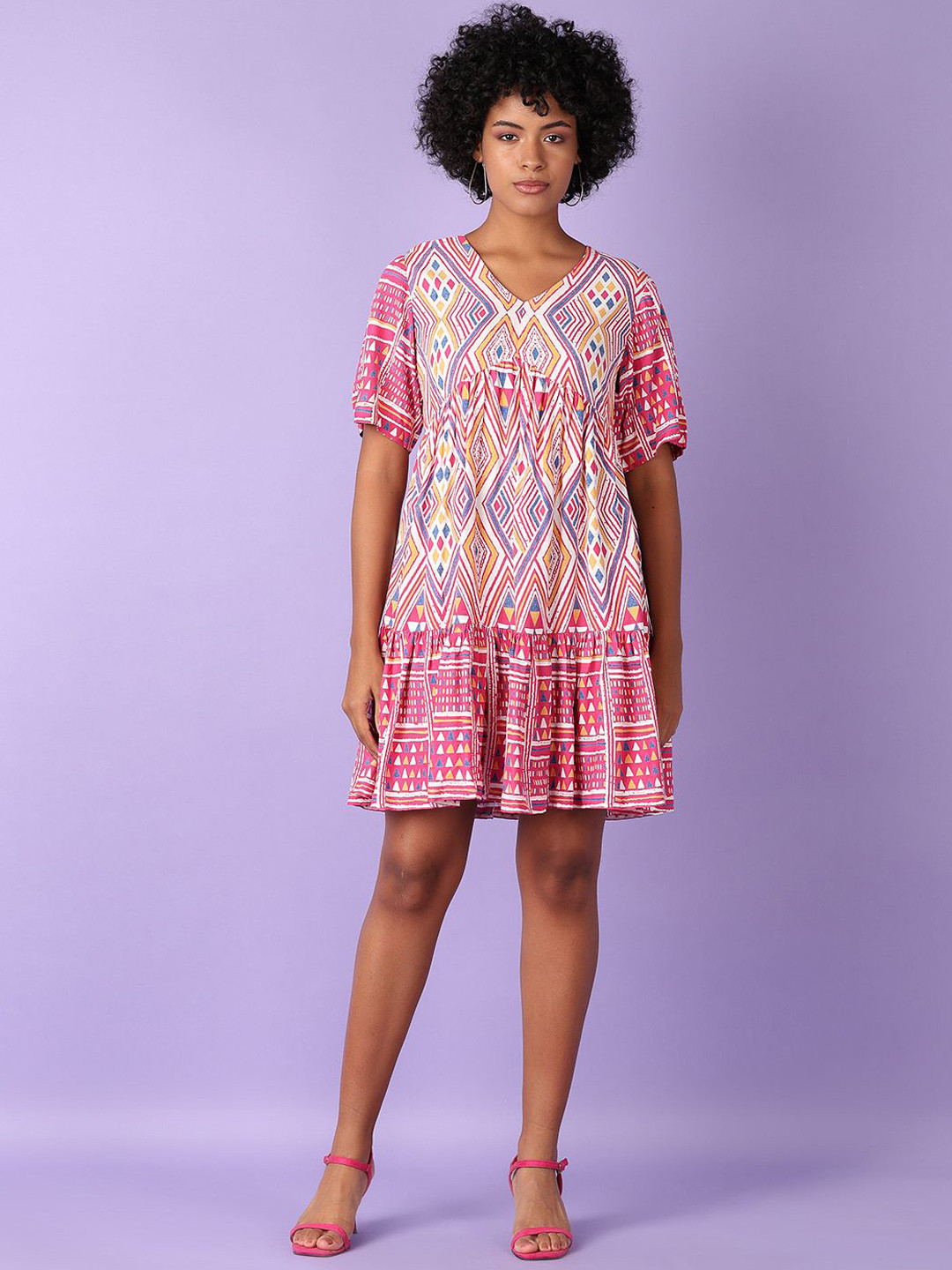 

V-Mart Women Abstract Printed V Neck Ethnic Dresses, Pink