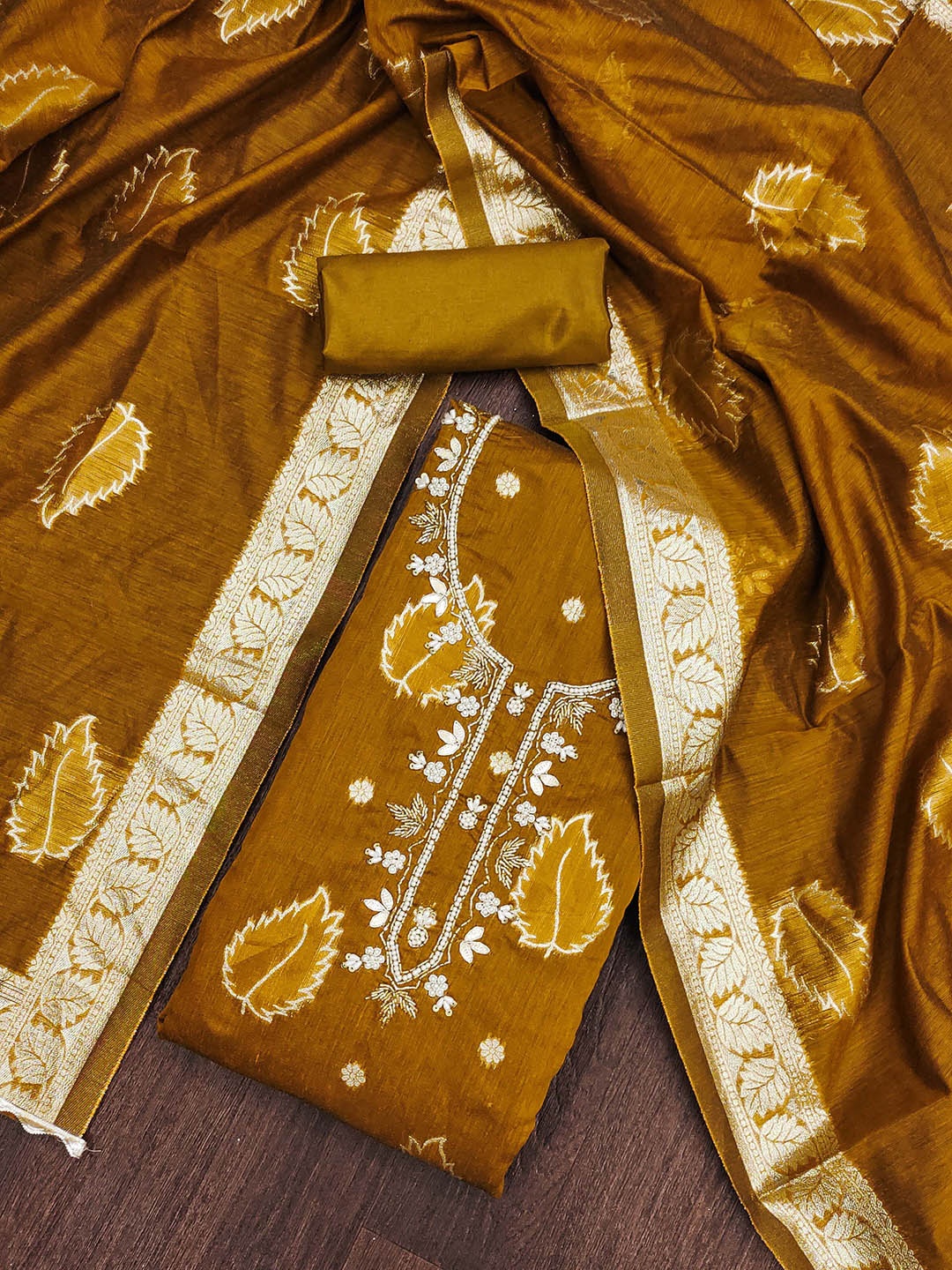 

Maroosh Embellished Beads and Stones Unstitched Dress Material, Mustard