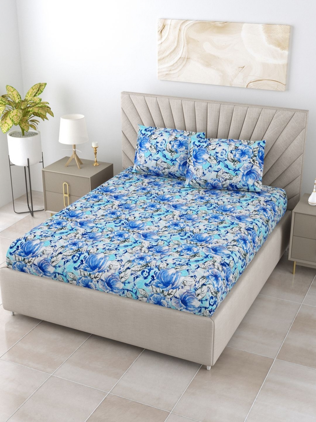 

BOMBAY DYEING Dream Lover Blue Floral Cotton 104 TC Queen Bedsheet Set 2.24 m x 2.54 m