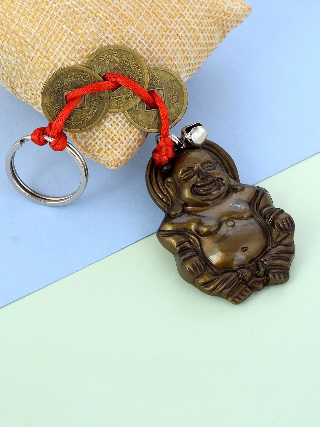 

MEMOIR Unisex Laughing Buddha Chinese Coin Lucky Keychain, Brown