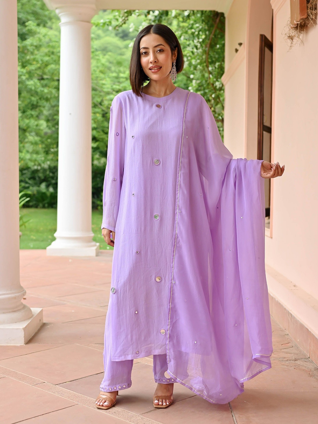 

Bunaai Geometric Embroidered Mirror Work Kurta with Trouser & Dupatta, Purple