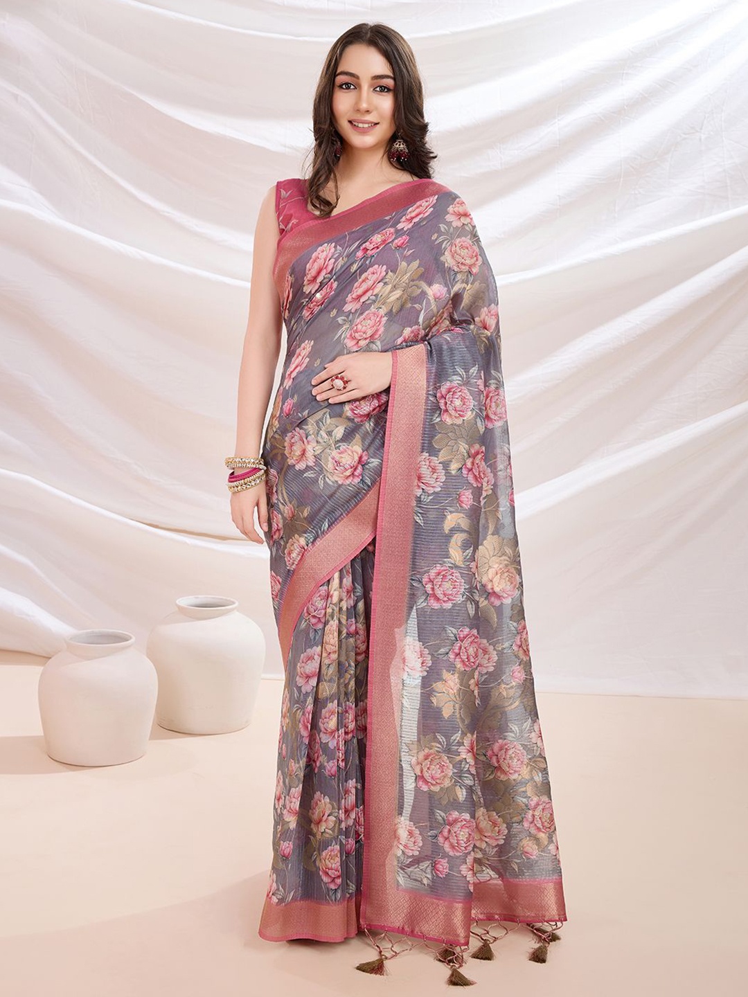 

Mitera Banarasi Rich Pallu Hand Zari Embellished Floral Printed Silk Blend Bagh Saree, Lavender