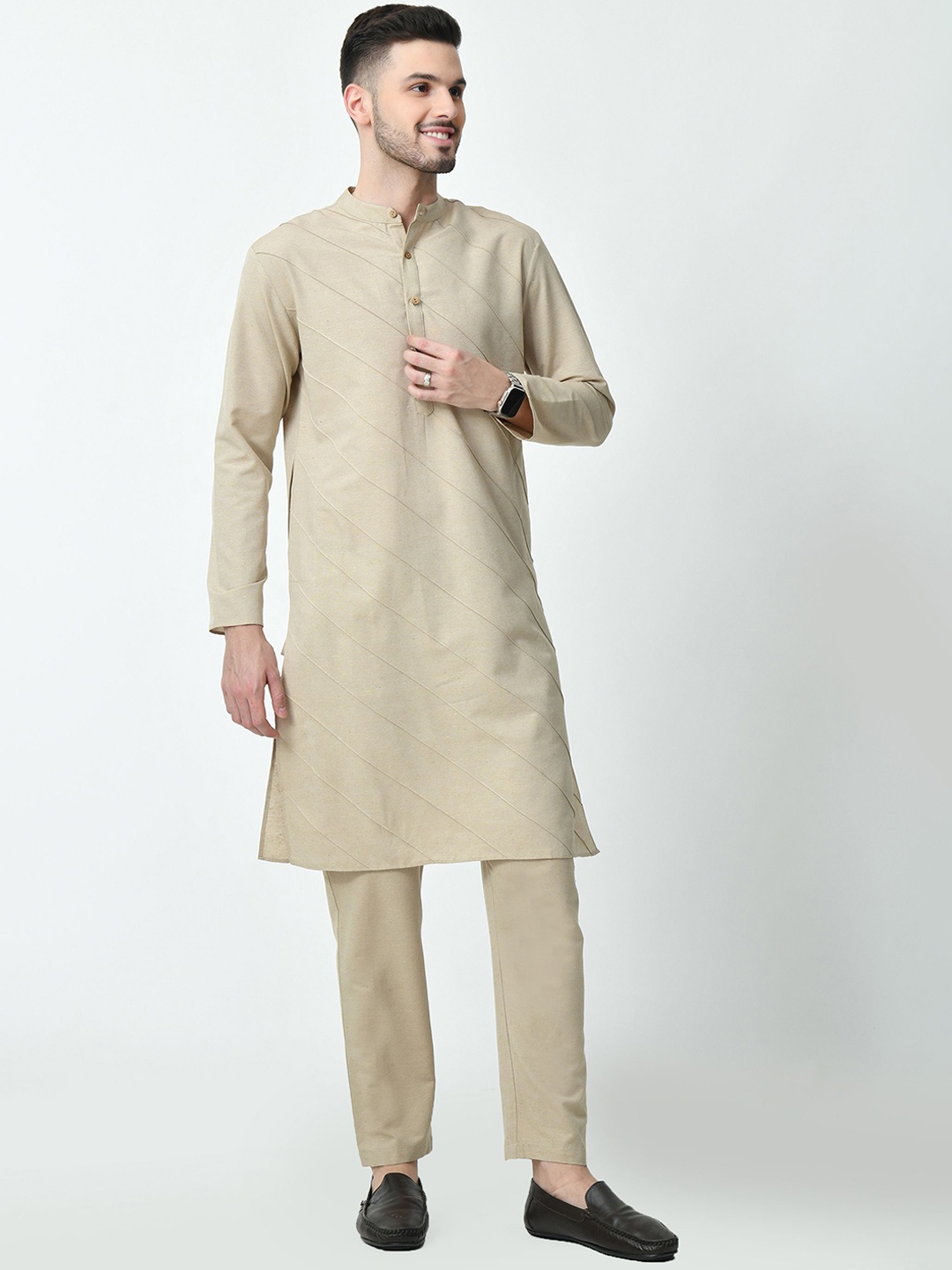 

AMBI Striped Self Design Band Collar Long Sleeves Regular Straight Kurta, Beige