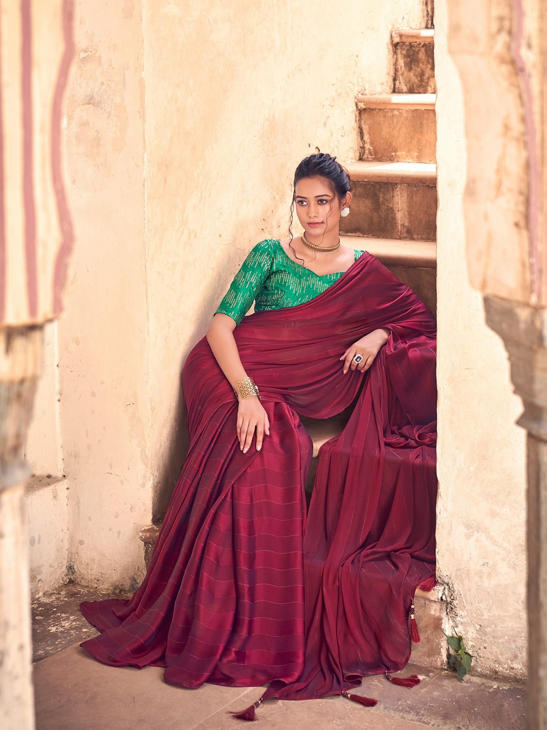 

MAHALASA Striped Full Sequence Saree With Fancy Embroidery Blouse, Maroon