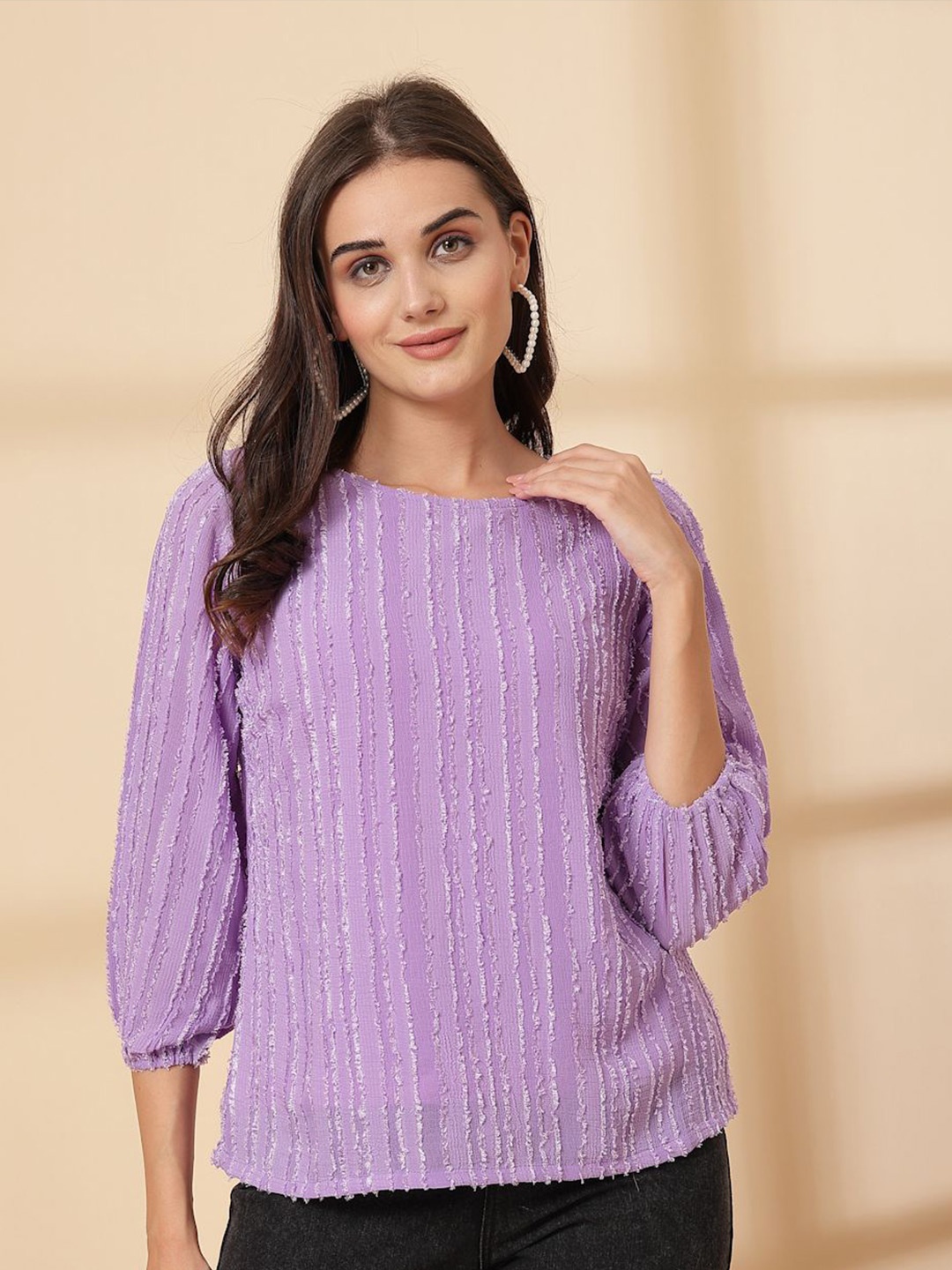 

plusS Women Puff Sleeve Regular Top, Purple