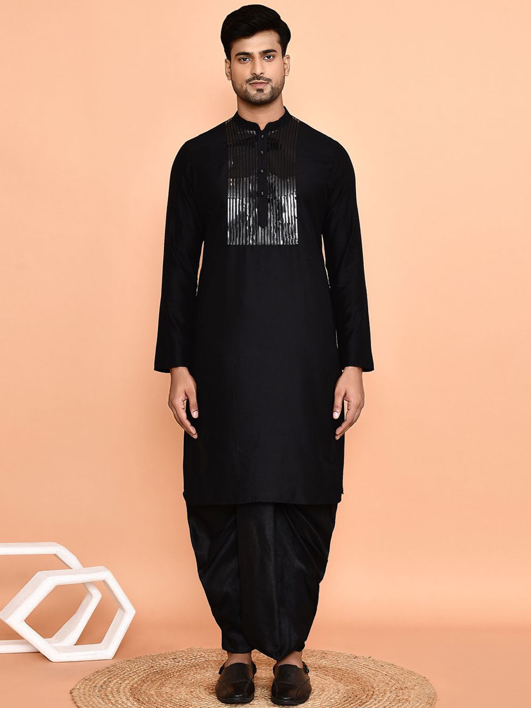 

Arihant Rai Sinha Mandarin Collar Long Sleeves Sequinned Straight Kurta & Dhoti Pant, Black