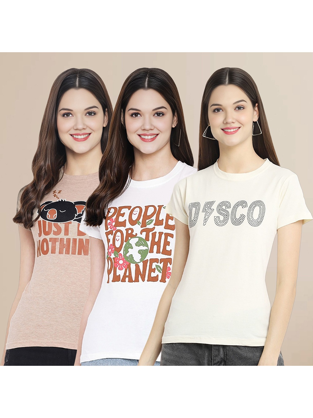 

Metronaut Women Pack Of 3 Typography Printed Round Neck Cotton T-shirts, Beige