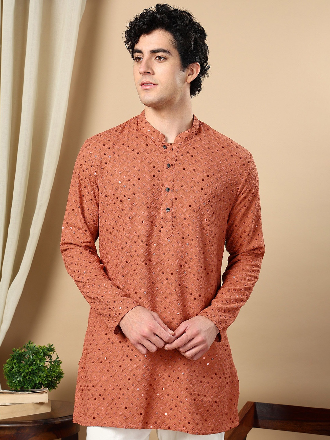 

TATTVA Ethnic Motifs Embroidered Mandarin Collar Sequinned Straight Short Kurta, Rust