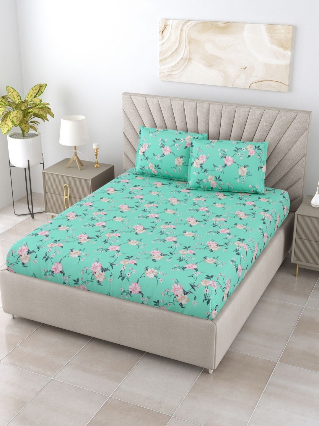 

BOMBAY DYEING Florentine Green Floral Cotton 144 TC King Bedsheet Set 2.74 m x 2.74 m