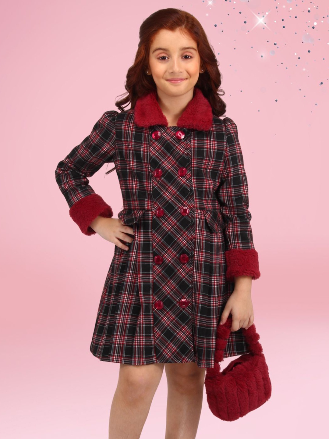 

CUTECUMBER Girls Checked Printed A-Line Dress, Maroon