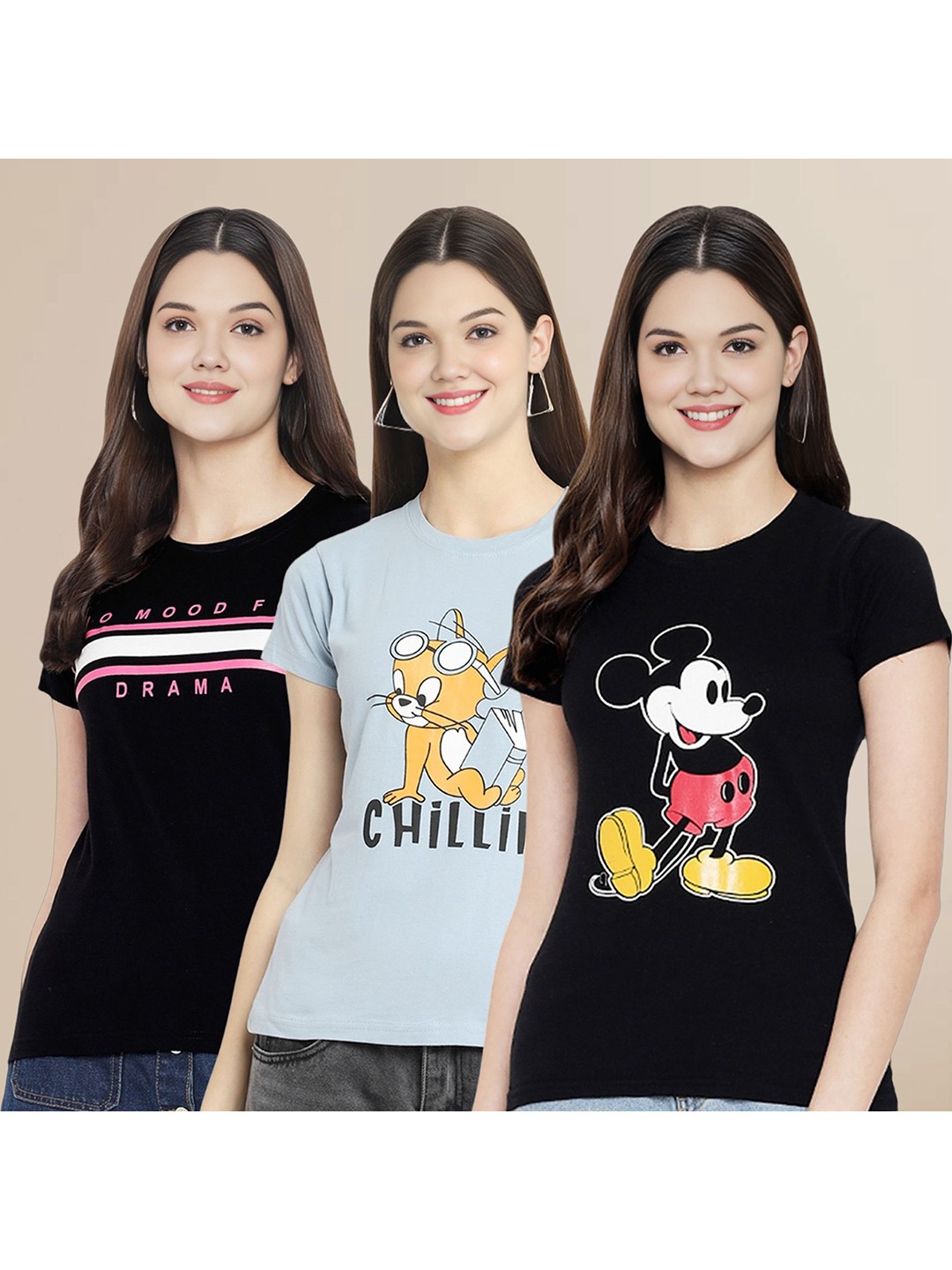 

Metronaut Women Pack Of 3 Typography Printed Round Neck Cotton Mickey Mouse T-shirts, Black
