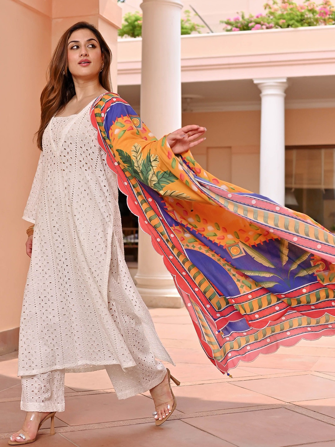 

Bunaai Floral Self Design Straight Kurta With Trouser & Dupatta, White