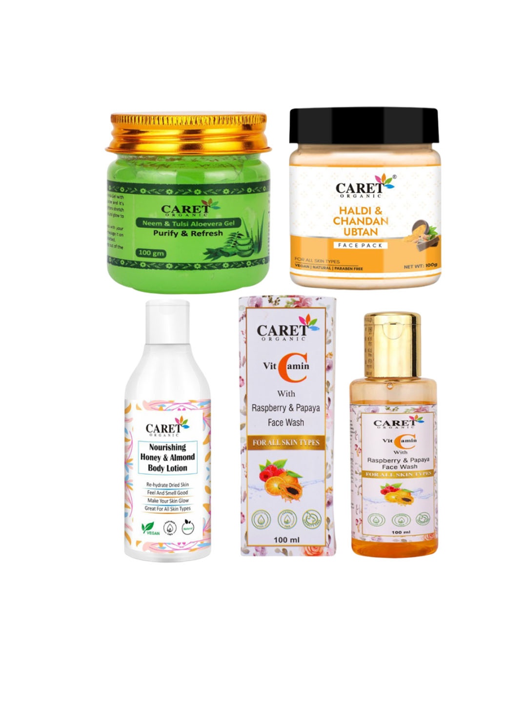 

CARET ORGANIC Set Of 4 Gel- 100 g- Ubtan- 100 g- Body Lotion- 250 ml & Face Wash- 100 ml, White