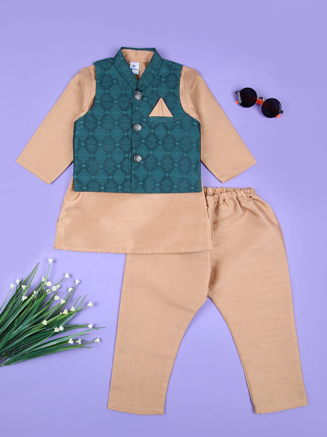 

V-Mart Boys Regular Pure Cotton Straight Kurta With Pyjama With Nehru Jacket, Green