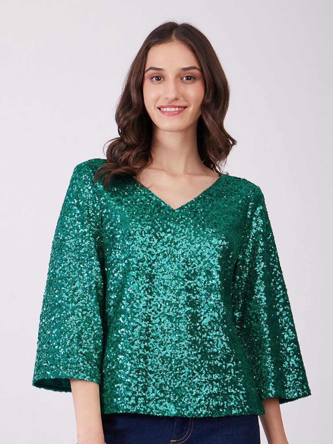 

FableStreet Women Sequin Embellished Flared Sleeve Net Top, Green