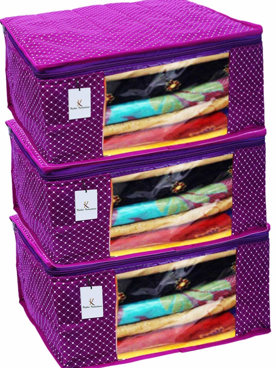 

Kuber Industries Purple 3 Pieces Polka Dot Printed Cotton Drawer Organisers