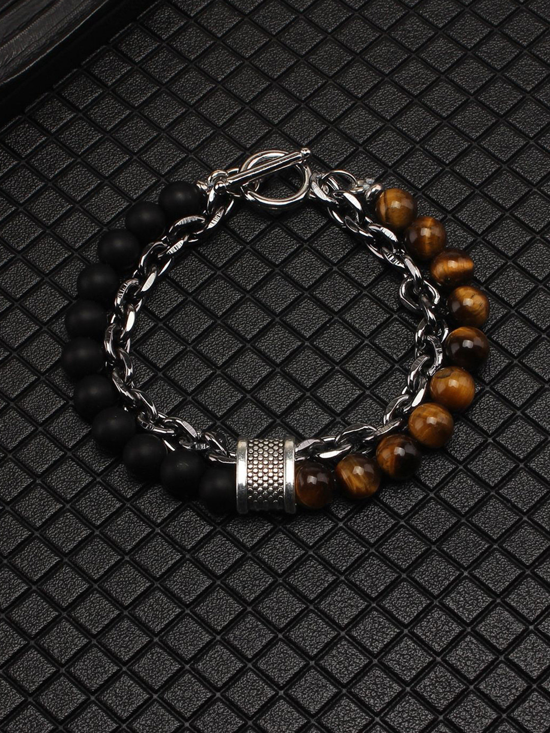 

Jewels Galaxy Men Silver-Plated Beaded Elasticated Bracelet, Black