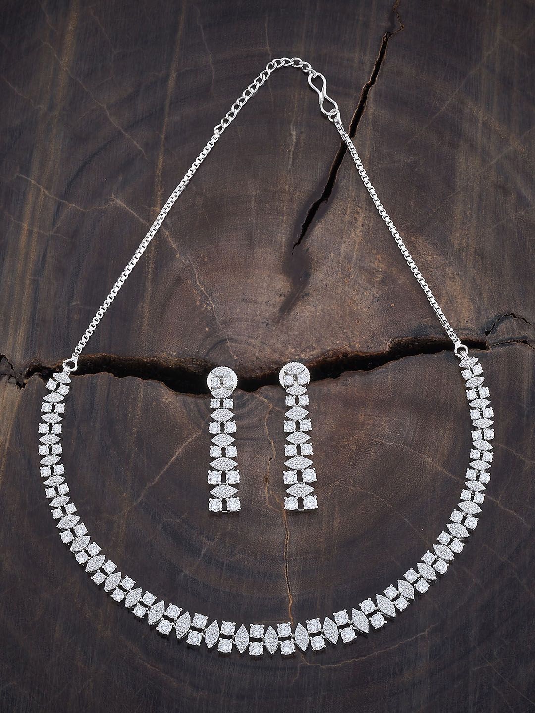 

Kushal's Fashion Jewellery Rhodium-Plated CZ-Studded Necklace & Earrings, Silver