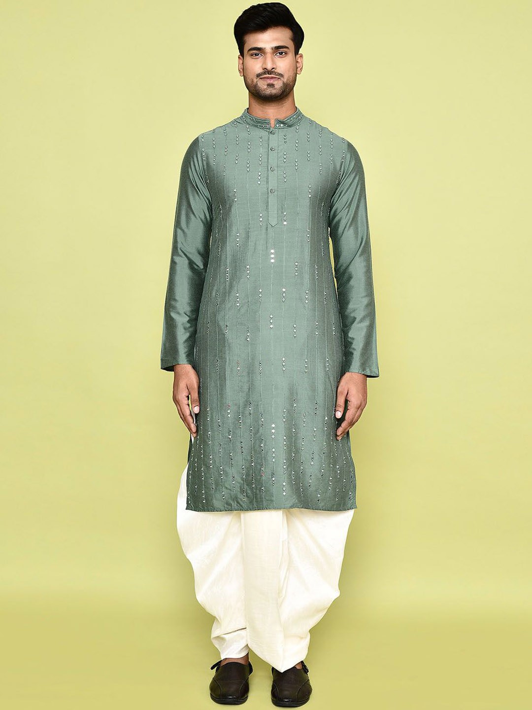 

Arihant Rai Sinha Striped mandarin Collar Regular Mirror Work Kurta With Dhoti Pant, Green
