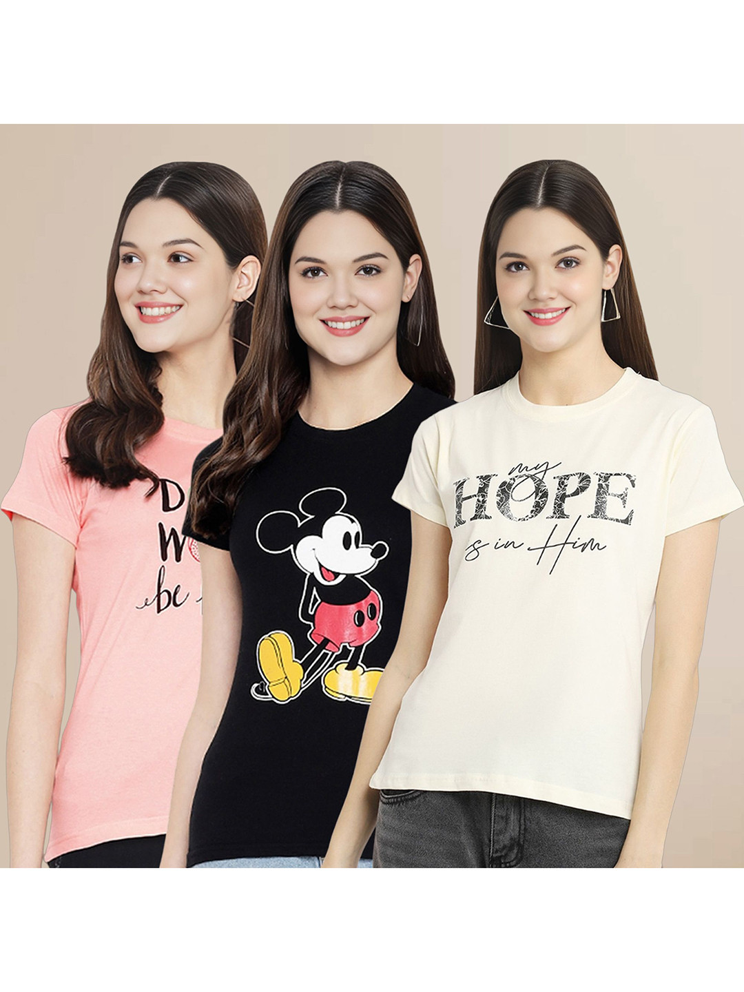 

Metronaut Women Pack Of 3 Typography Printed Round Neck Cotton Mickey Mouse T-shirts, Peach
