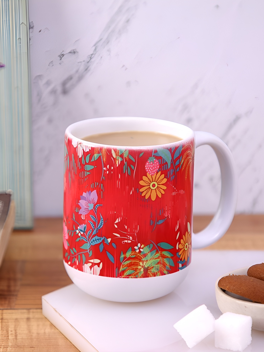 

PENTADECO Red & White Floral Printed Ceramic Glossy Mug