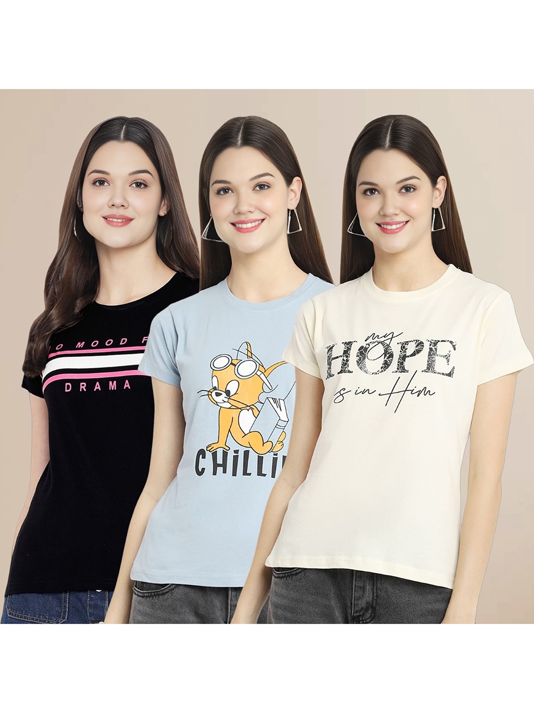 

Metronaut Women Pack Of 3 Typography Printed Round Neck Cotton Tom & Jerry T-shirts, Black