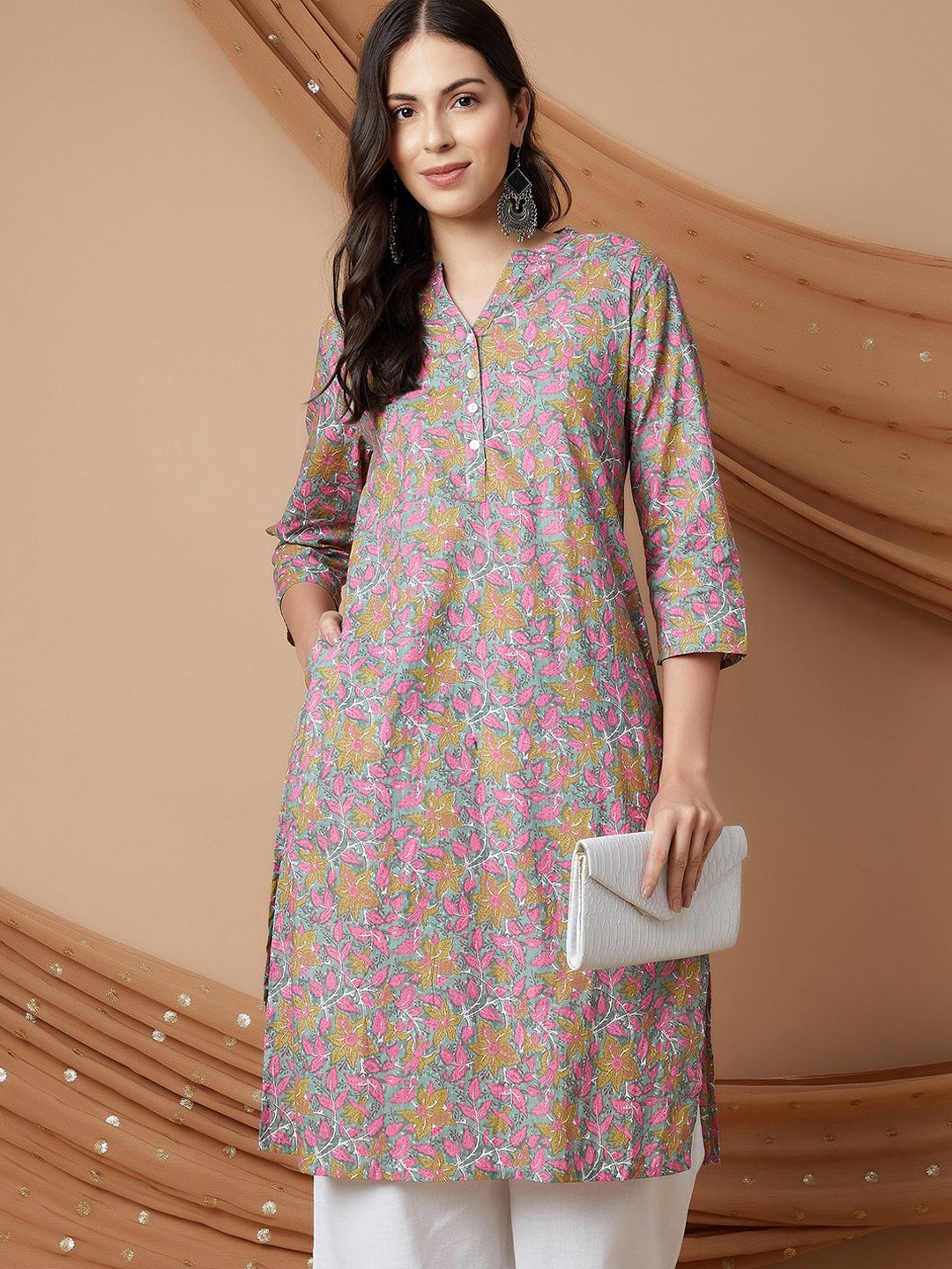 

Melange by Lifestyle Floral Printed Mandarin Collar A-Line Kurta, Green