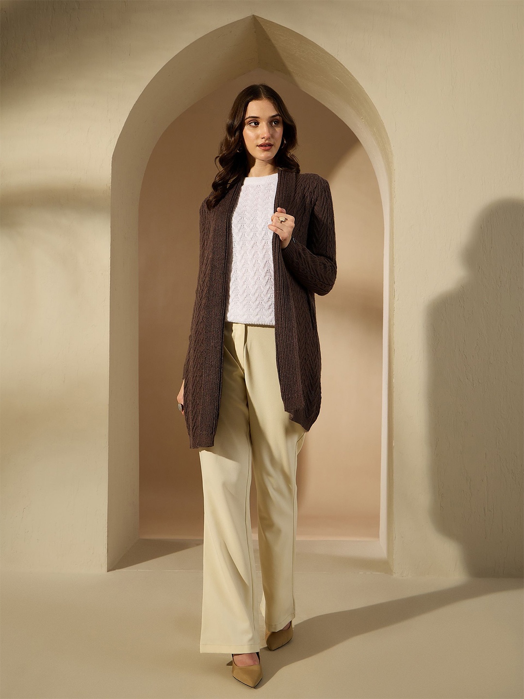 

CREATIVE LINE Self Design Woollen Longline Front Open Shrug, Brown