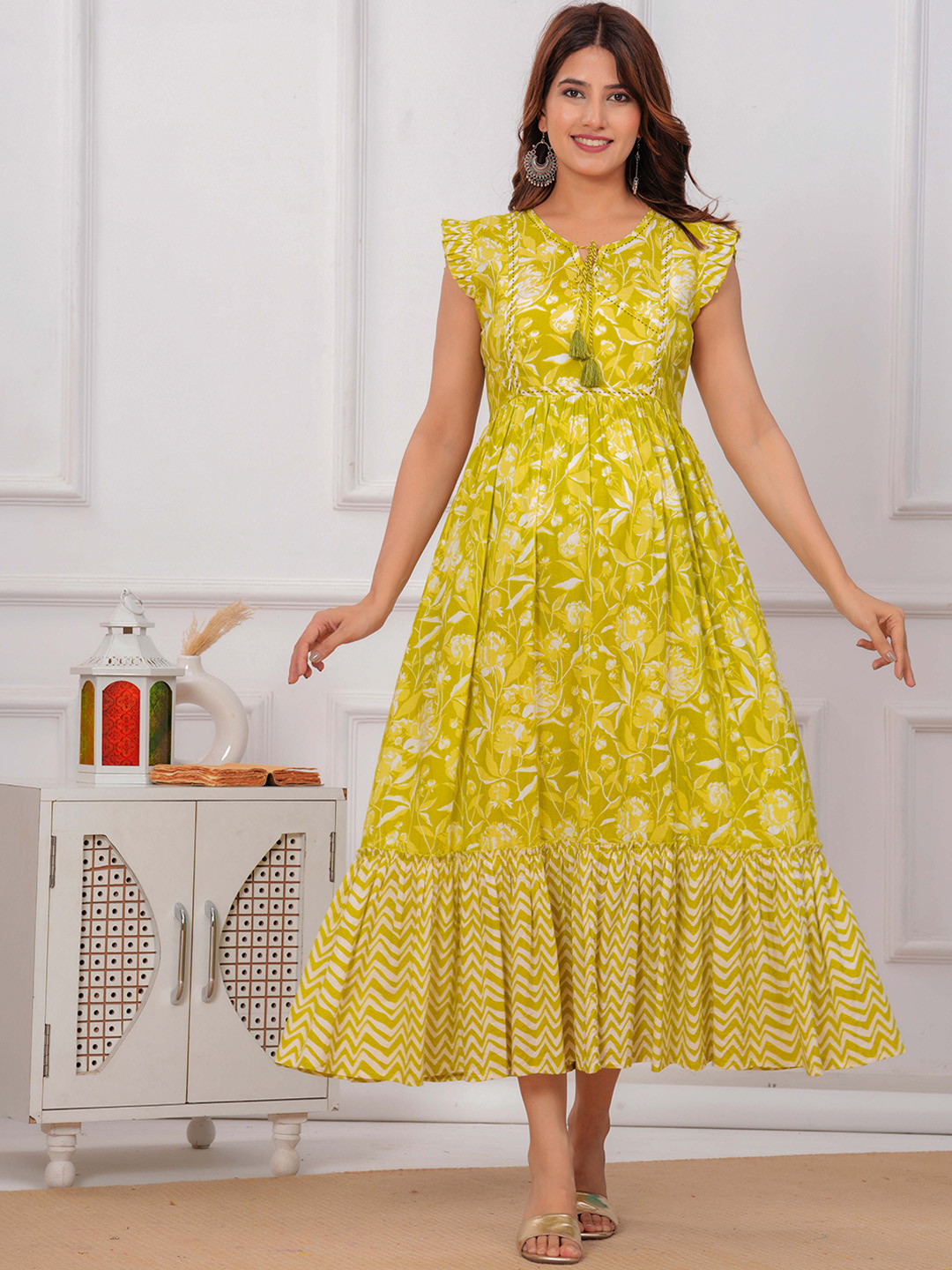 

Meeranshi Women Floral Printed Cotton Maternity & Feeding Maxi Ethnic Dress, Lime green