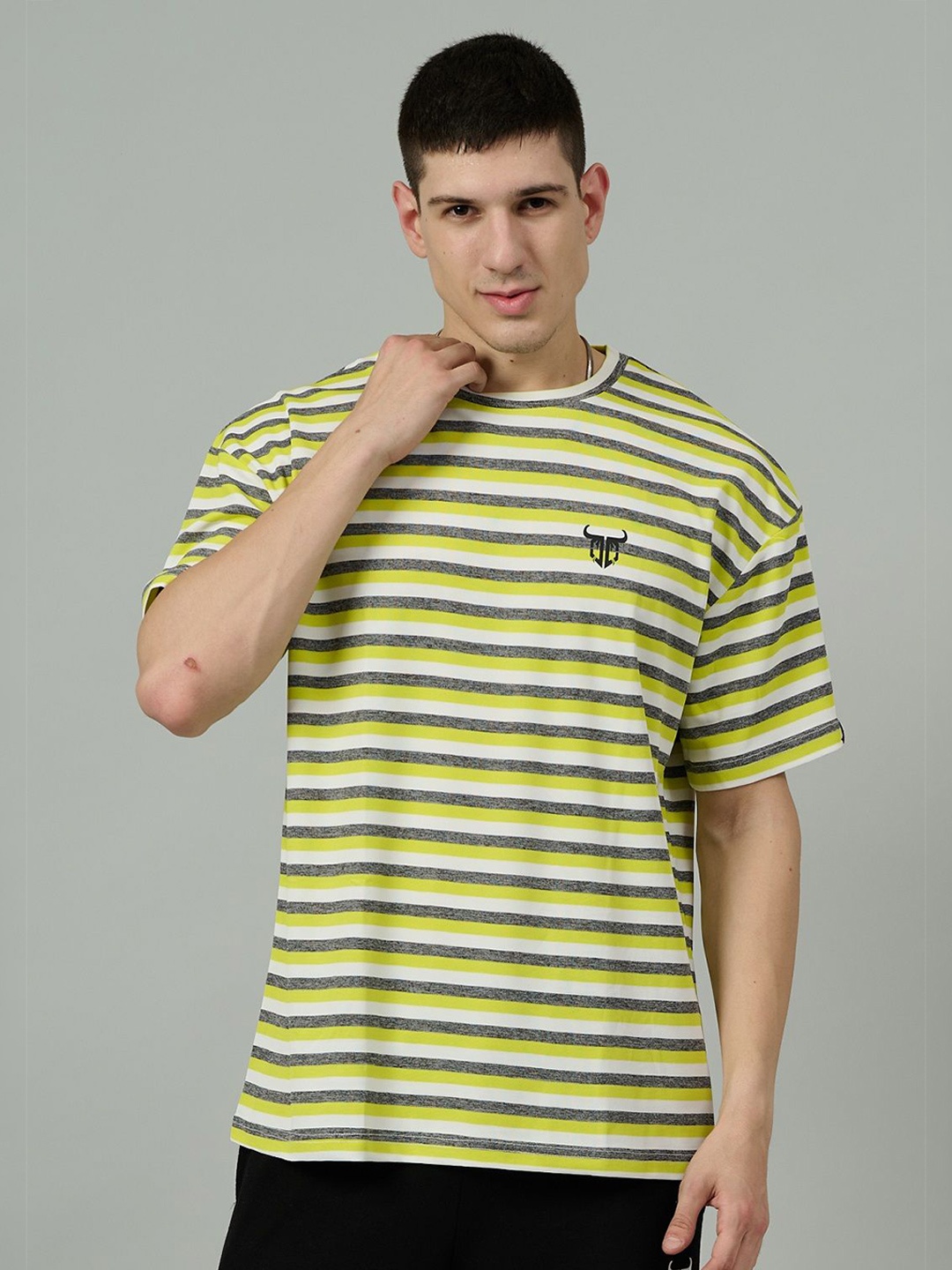 

GO DEVIL Men Striped Round Neck Cotton Relaxed Fit T-shirt, Lime green
