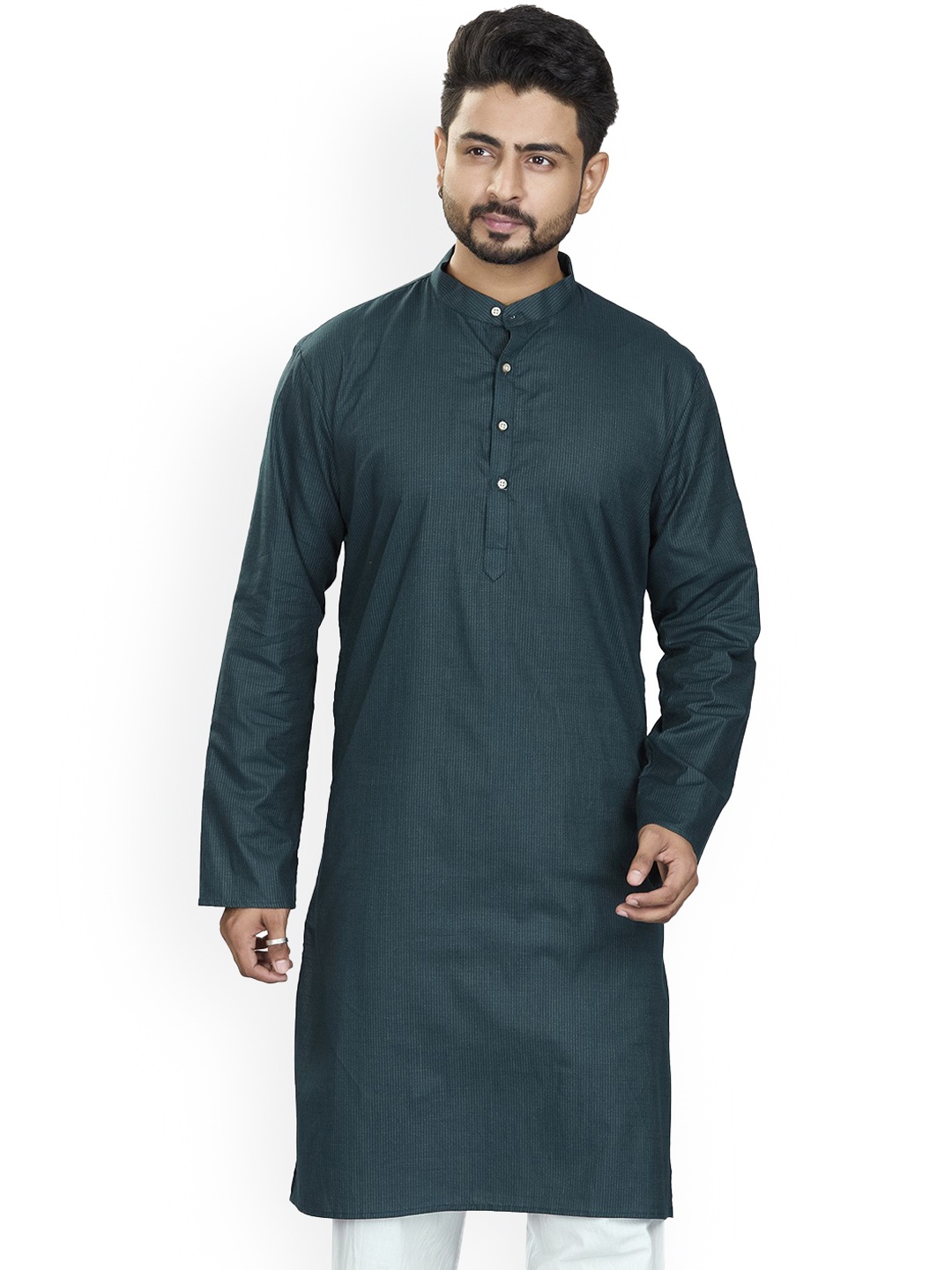 

Authentics Striped Band Collar Long Sleeves Regular Pure Cotton Straight Kurta, Green