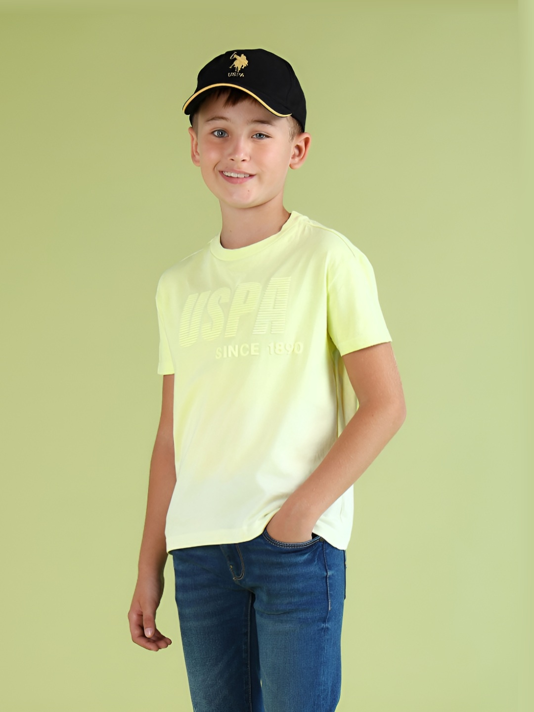 

U.S. Polo Assn. Kids Boys Typography Printed Round Neck Cotton T-shirt, Lime green