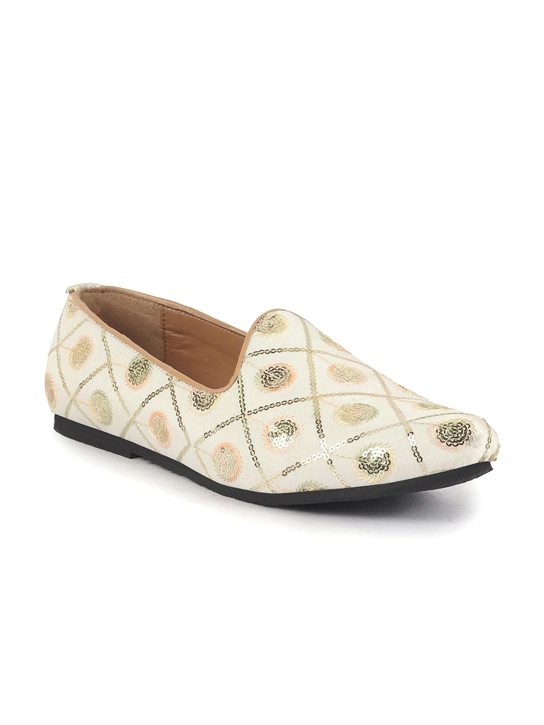 

FAUSTO Men Slip-On Sequin Ethnic Slip On Contrast Sole Mojaris, White