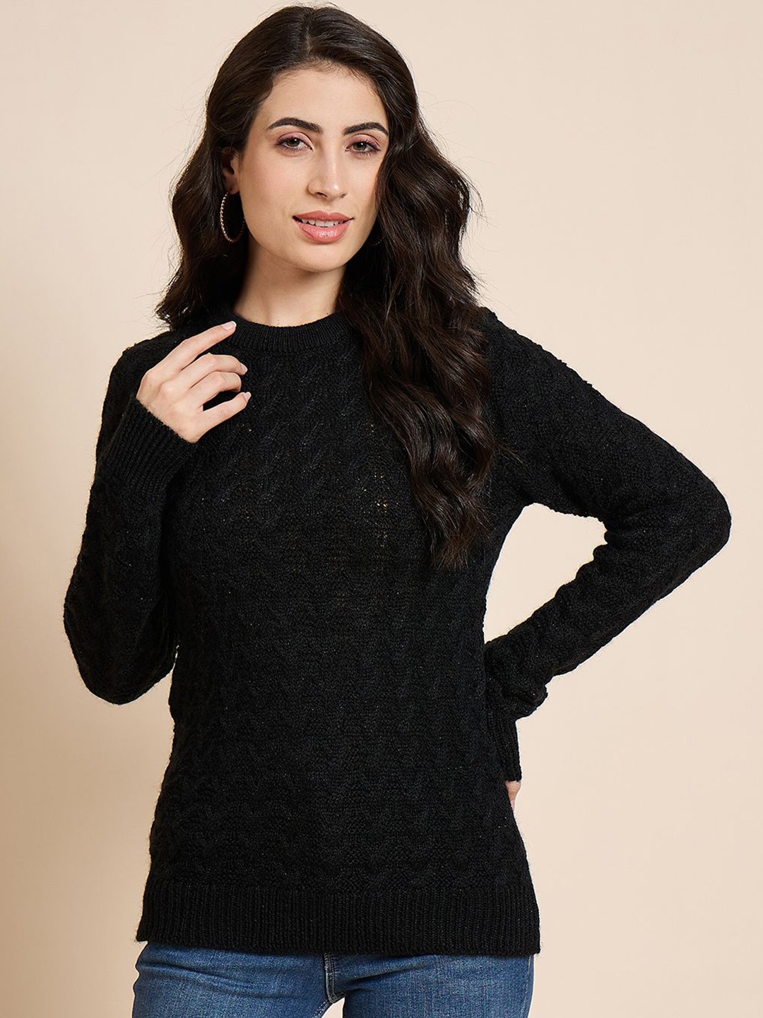 

CREATIVE LINE Women Self Design Regular Top, Black