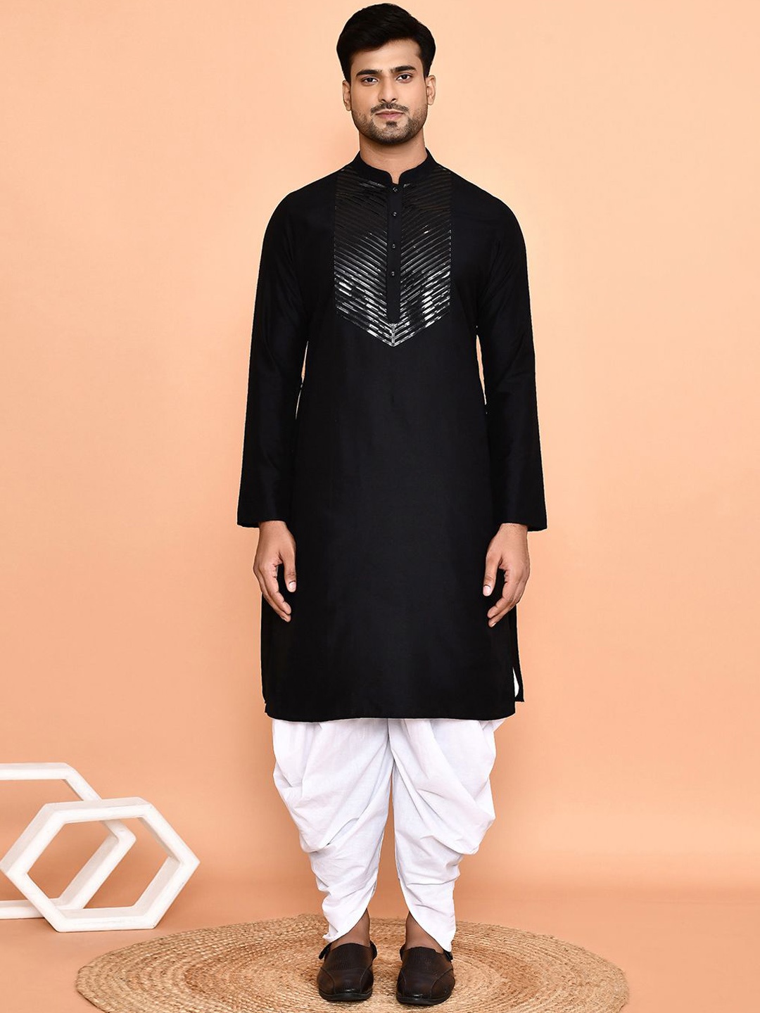 

Arihant Rai Sinha Striped Yoke Design Regular Sequinned Straight Kurta With Patiala, Black