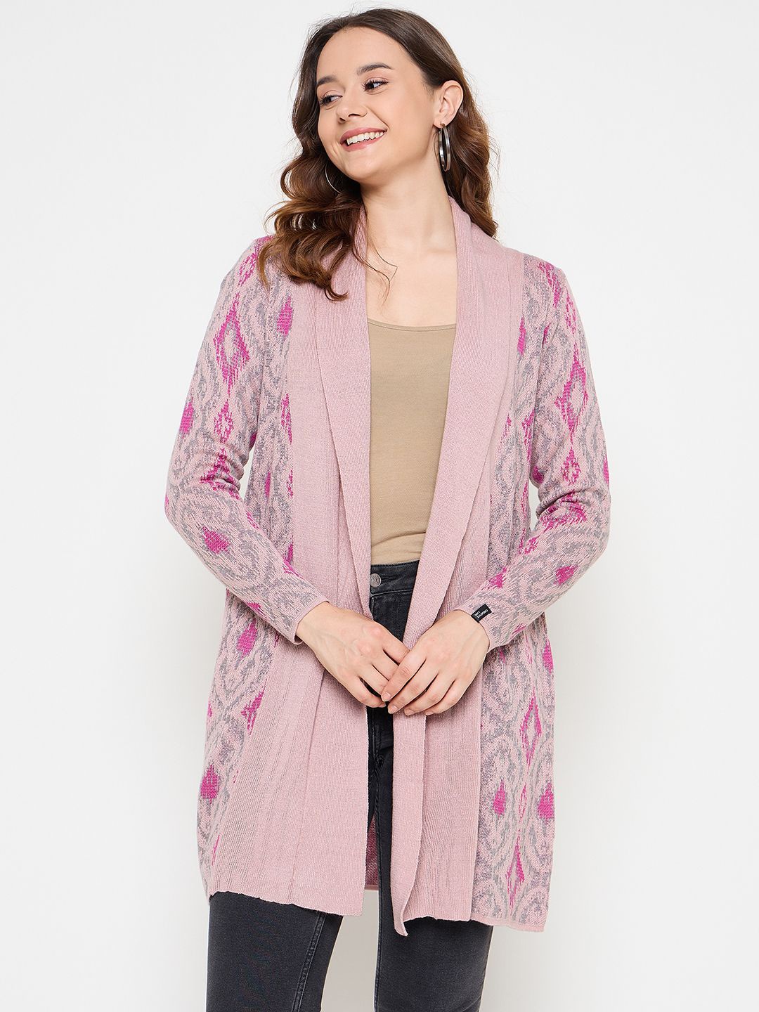 

CREATIVE LINE Self Design Longline Woollen Open Front Shrug, Pink