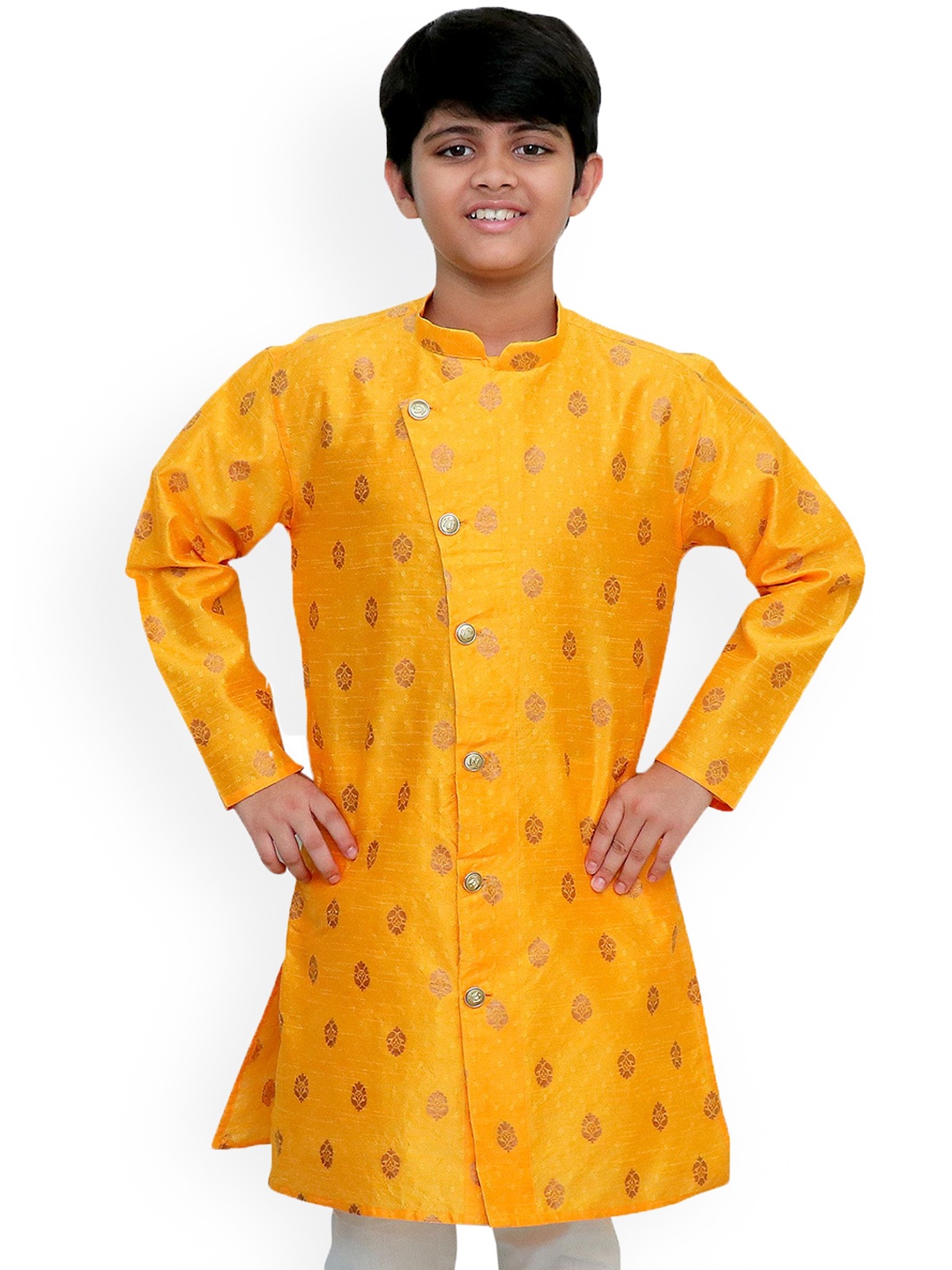 

BAESD Boys Floral Woven Design Mandarin Collar Long Sleeves Jacquard Straight Kurta, Yellow