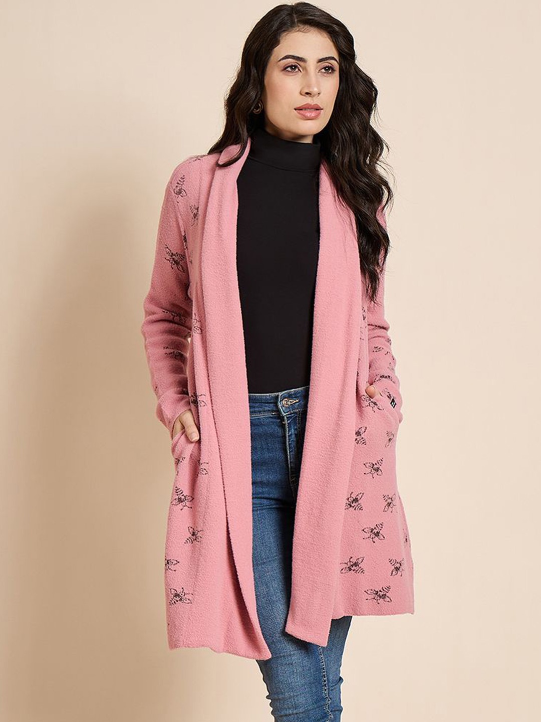 

CREATIVE LINE Geometric Self Design Longline Woollen Open Front Shrug, Pink
