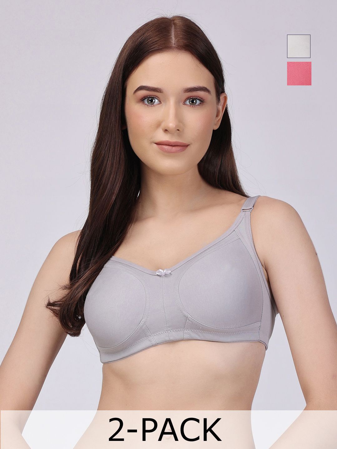 

Floret Pack of 2 Non Padded Non-Wired Cotton Full Coverage Everyday Bra With Moulded Cups, Silver