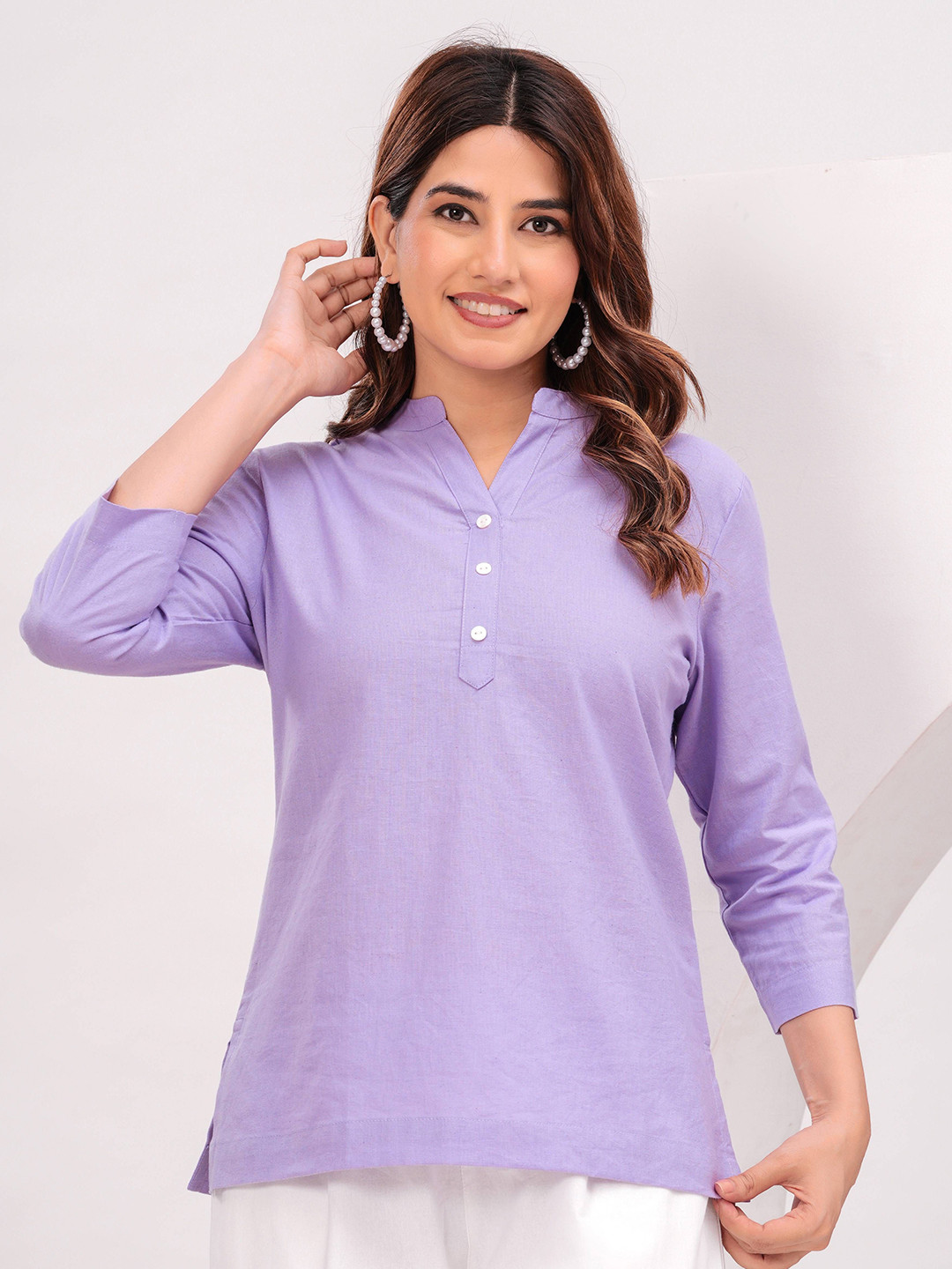 

KALINI Women Mandarin Collar Woven Top, Lavender