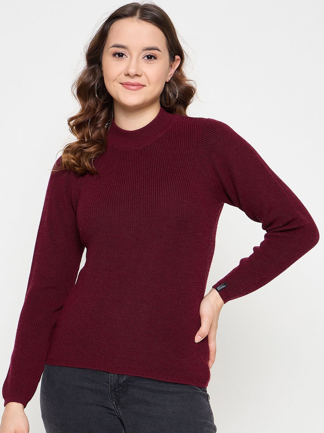 

CREATIVE LINE Women Self Design Long Sleeves Woollen Top, Maroon