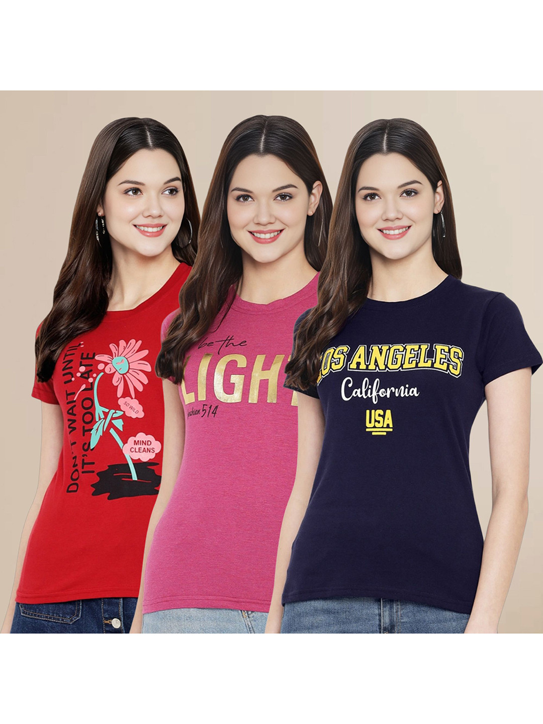 

Metronaut Women Pack Of 3 Typography Printed Round Neck Cotton T-shirts, Red