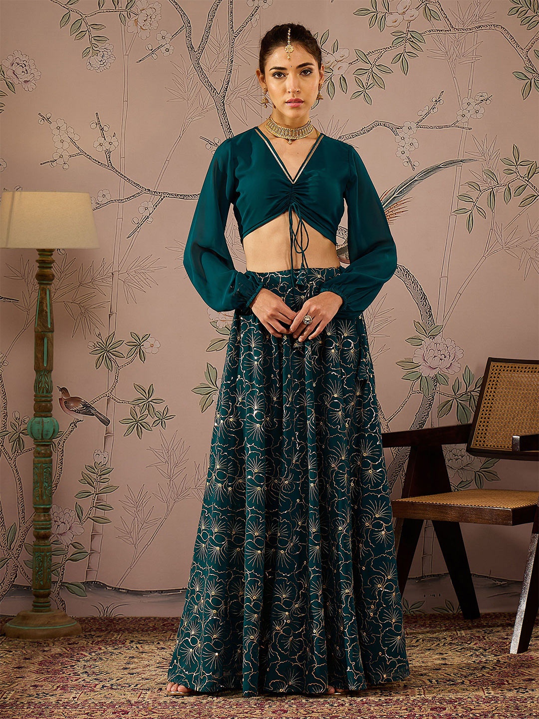 

Shae by SASSAFRAS V-Neck Ruched Sequinned Crop Top With Anarkali Skirt, Teal