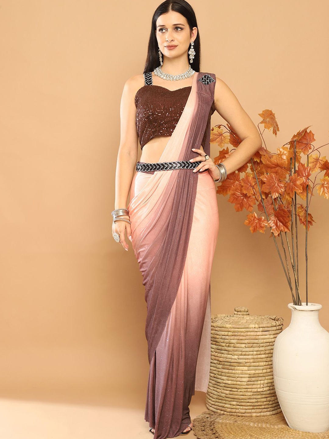 

Mitera Sequinned Ready to Wear Saree, Peach