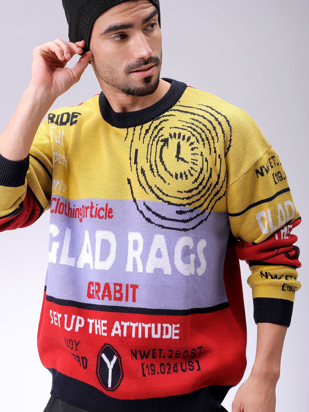 

The Indian Garage Co Men Typography Printed Round Neck Full Sleeves Pullover Sweaters, Yellow