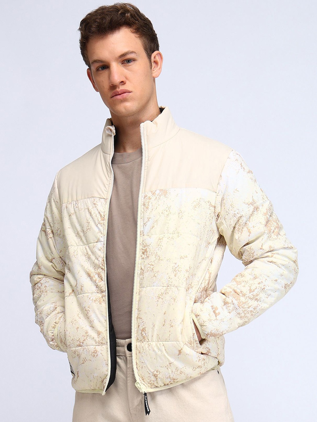 

Flying Machine Men Mock Collar Abstract Printed Casual Bomber Jacket, Beige