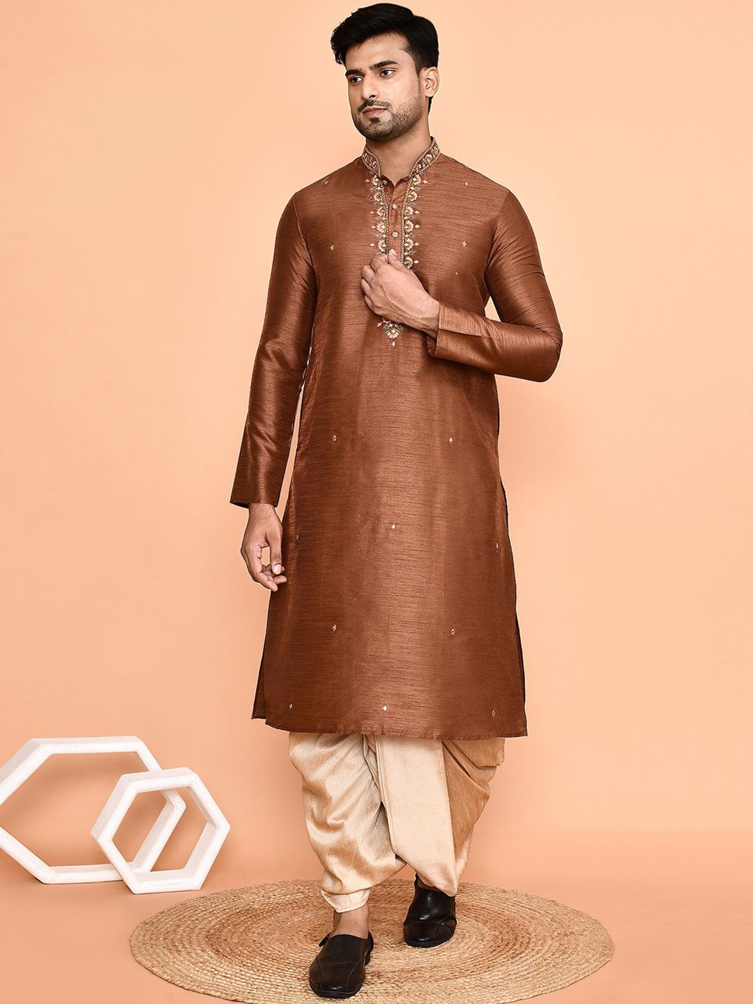 

Arihant Rai Sinha Floral Embroidered Thread Work Straight Kurta with Dhoti Pants, Brown